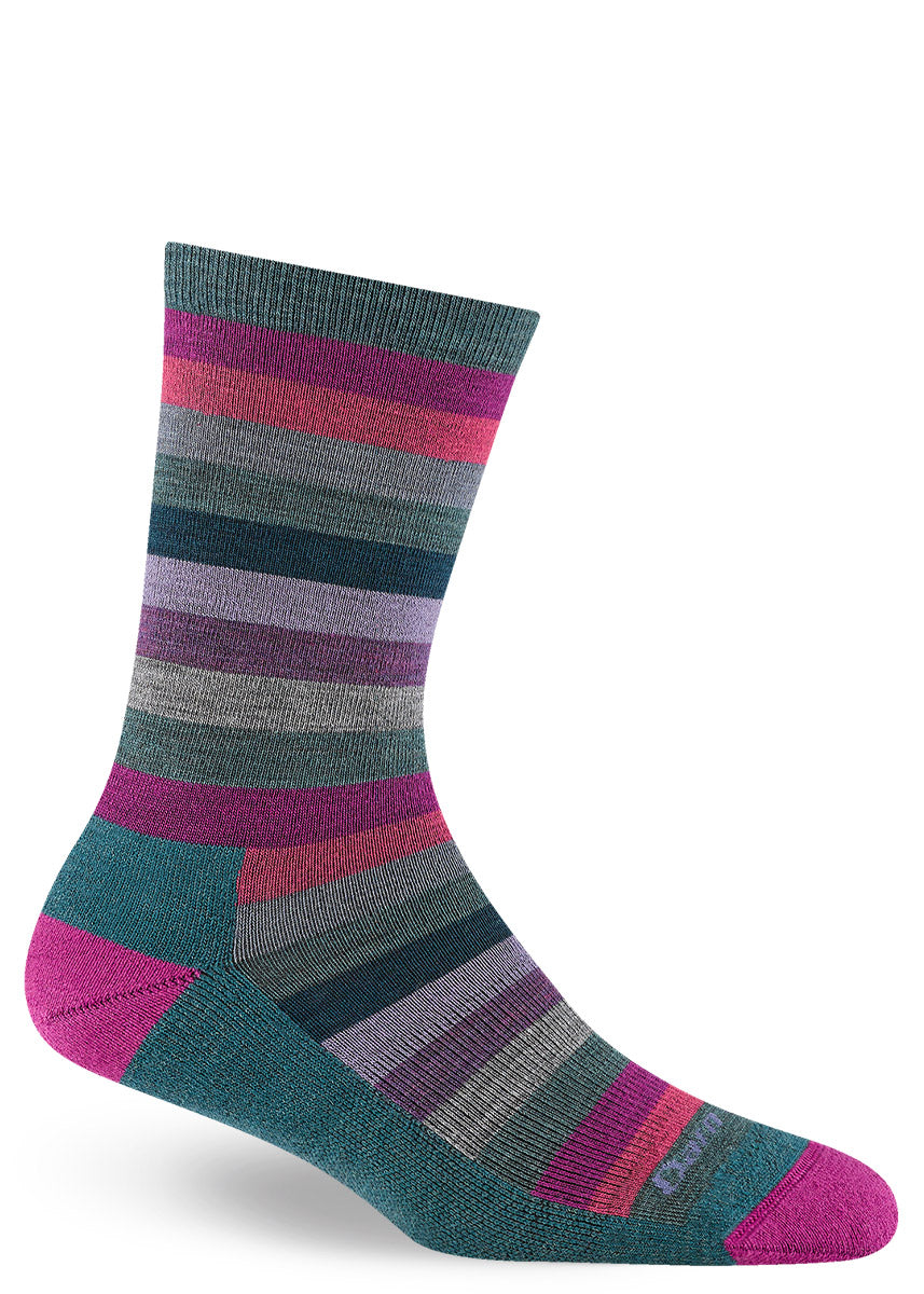 Women's wool crew socks with stripes in jewel-toned colors including purple, pink, blue, and green.