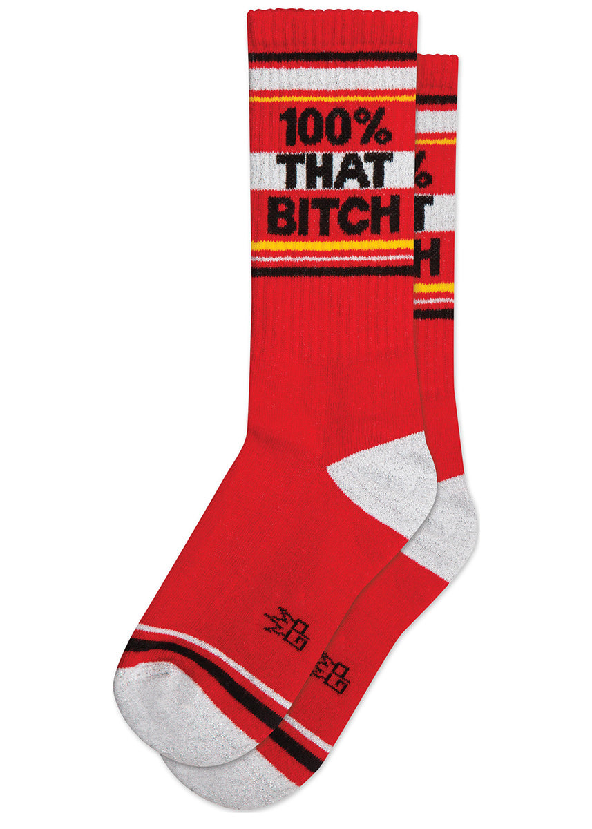 Retro red gym socks that say "100% That Bitch."