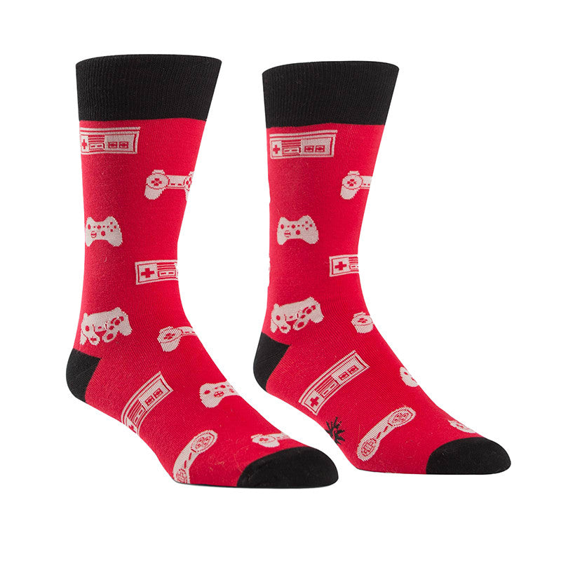 Gamer socks for men with video game controllers on red socks.
