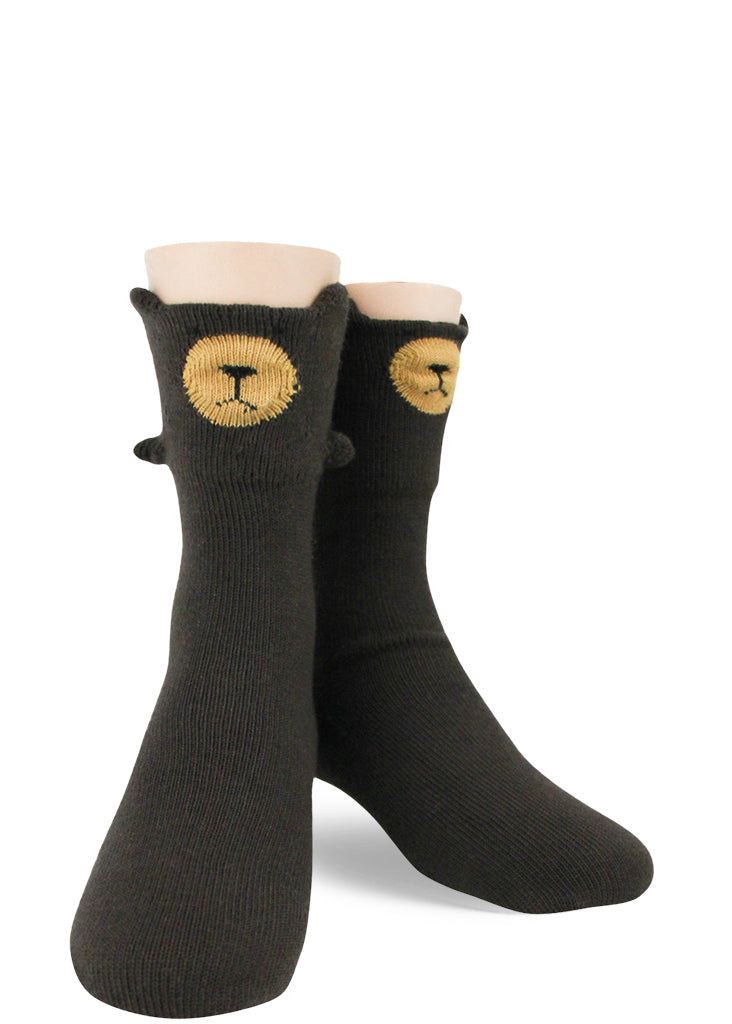Cute socks for kids make each foot look like an adorable brown bear with 3-D paws, ears, and nose!