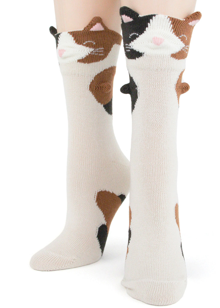 Calico cat socks for women with 3D cat faces, ears and paws