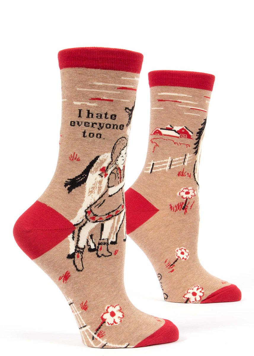 Funny women's socks that say "I hate everyone too," and show a girl with her horse.