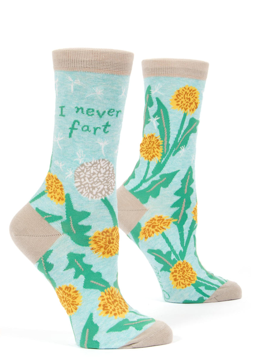 Funny socks for women feature dandelions and the words, &quot;I never fart.&quot;
