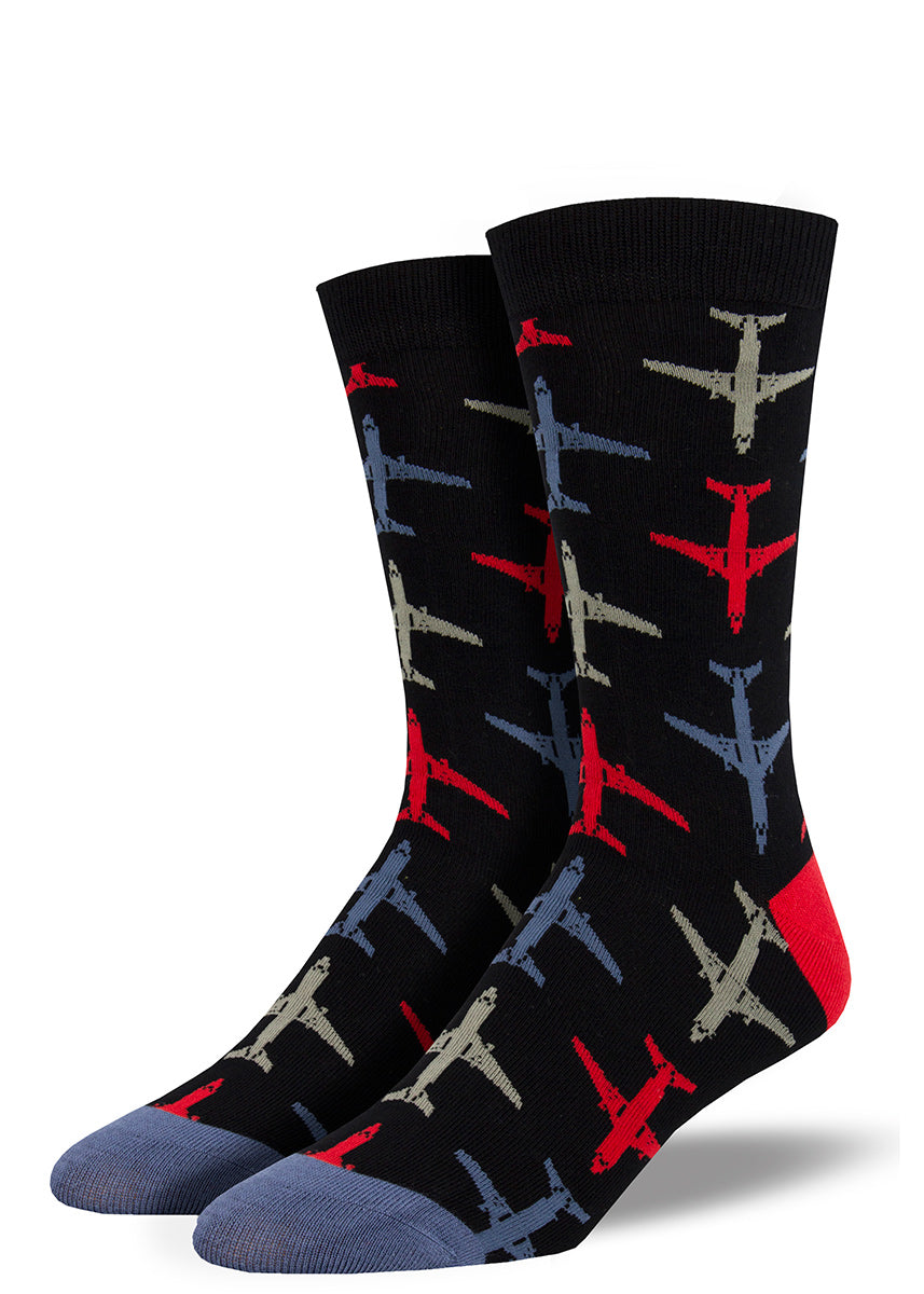 Airplane socks for men with planes flying on black socks made from bamboo