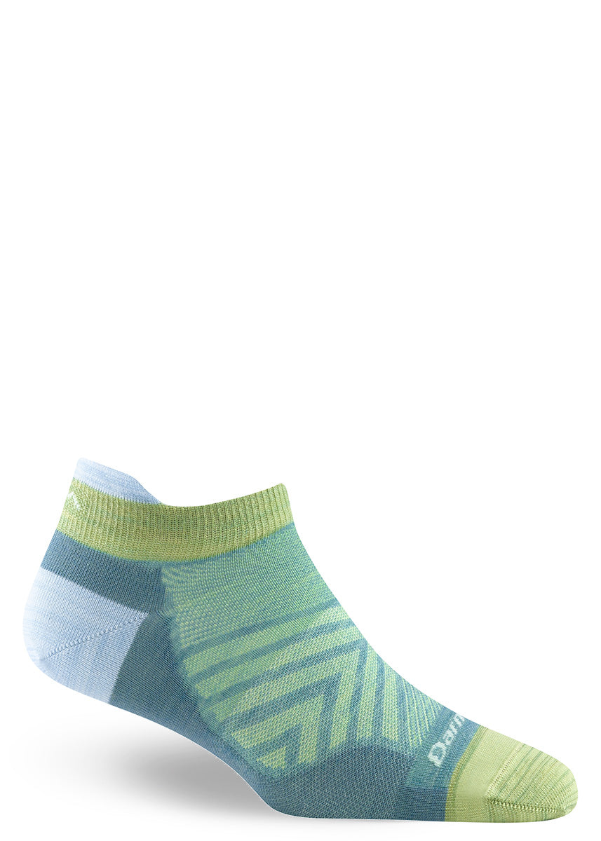 An ankle-length ultra thin running sock in shades of aqua and chartreuse, made of a blend of merino wool and nylon.