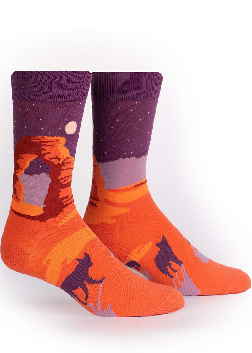 Nature socks for men show the Delicate Arch in front of a star-filled purple sky with a full moon.