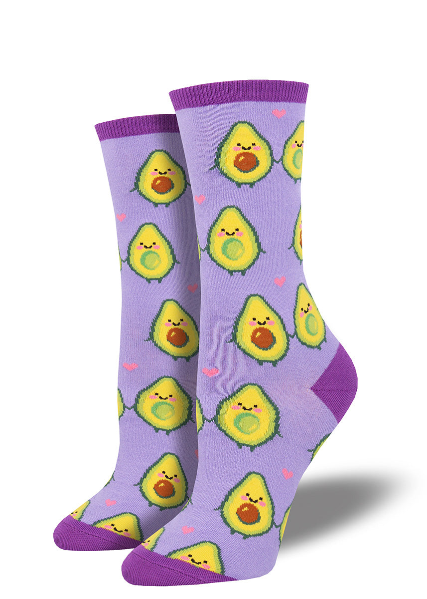 Avocado socks for women with happy avocados holding hands on purple socks