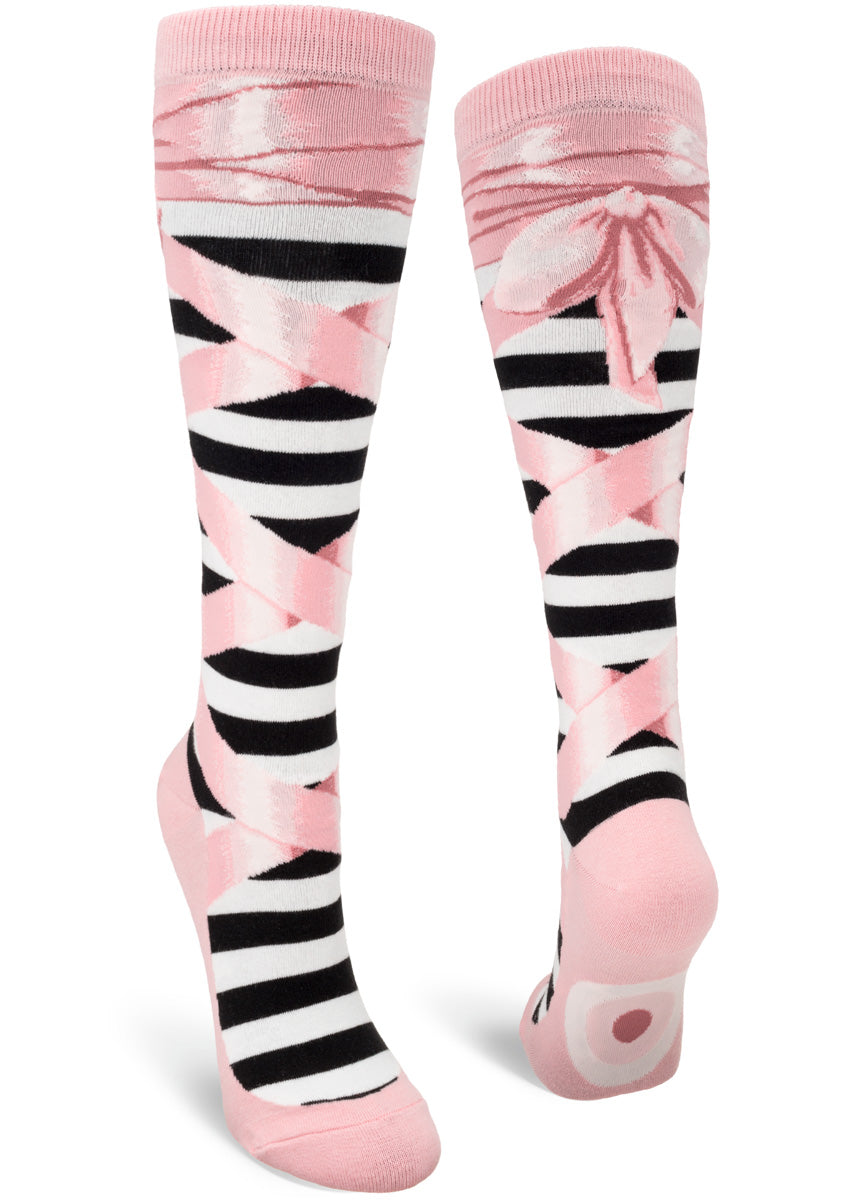 Knee high socks for women make it look like you&#39;re wearing pink ballet slippers with ribbons crossing up to your knees!