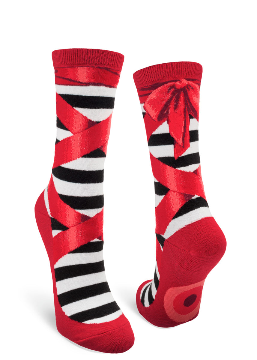 Ballet slipper socks for women make it look like you&#39;re wearing ruby red slippers with a ribbon tied in the back over striped socks.
