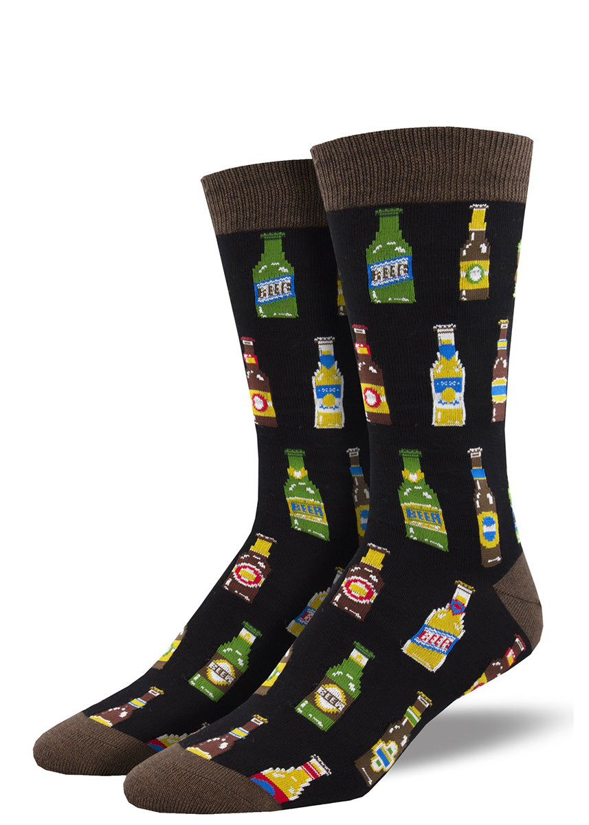 Crew socks for men are made of super-soft bamboo and feature a design of assorted beer bottles.