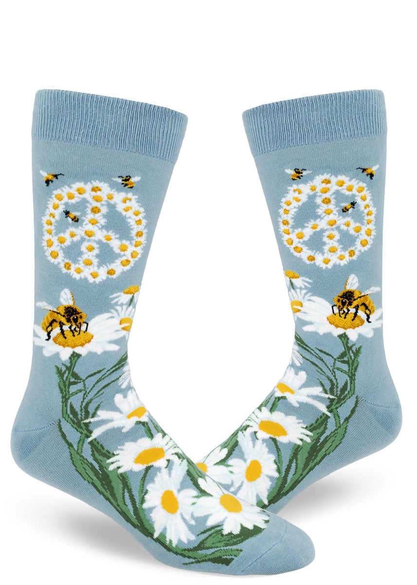 Bee socks for men with peace signs made of daisy flowers