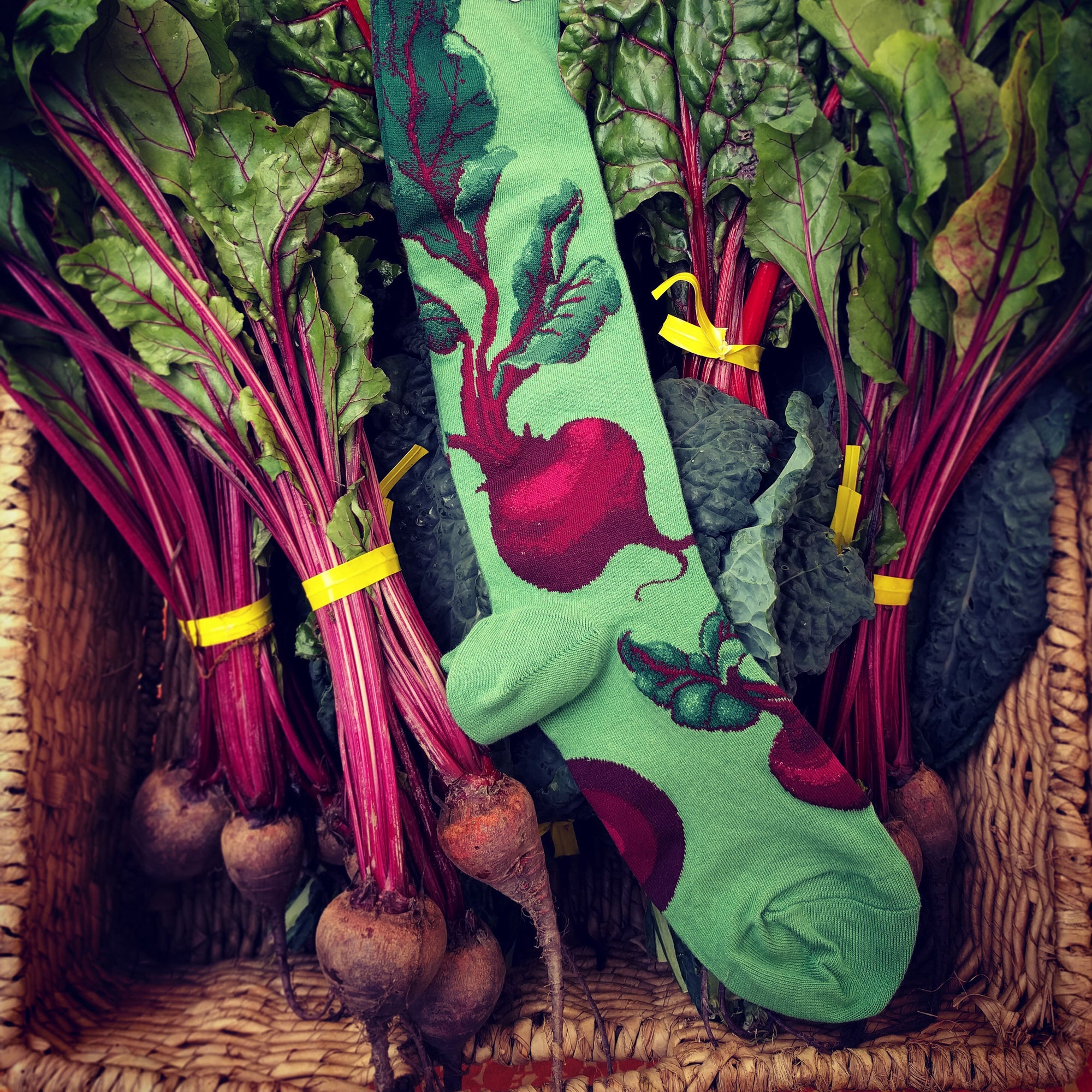 Beet vegetable socks for women with red beets and dark green foliage on a green knee-high