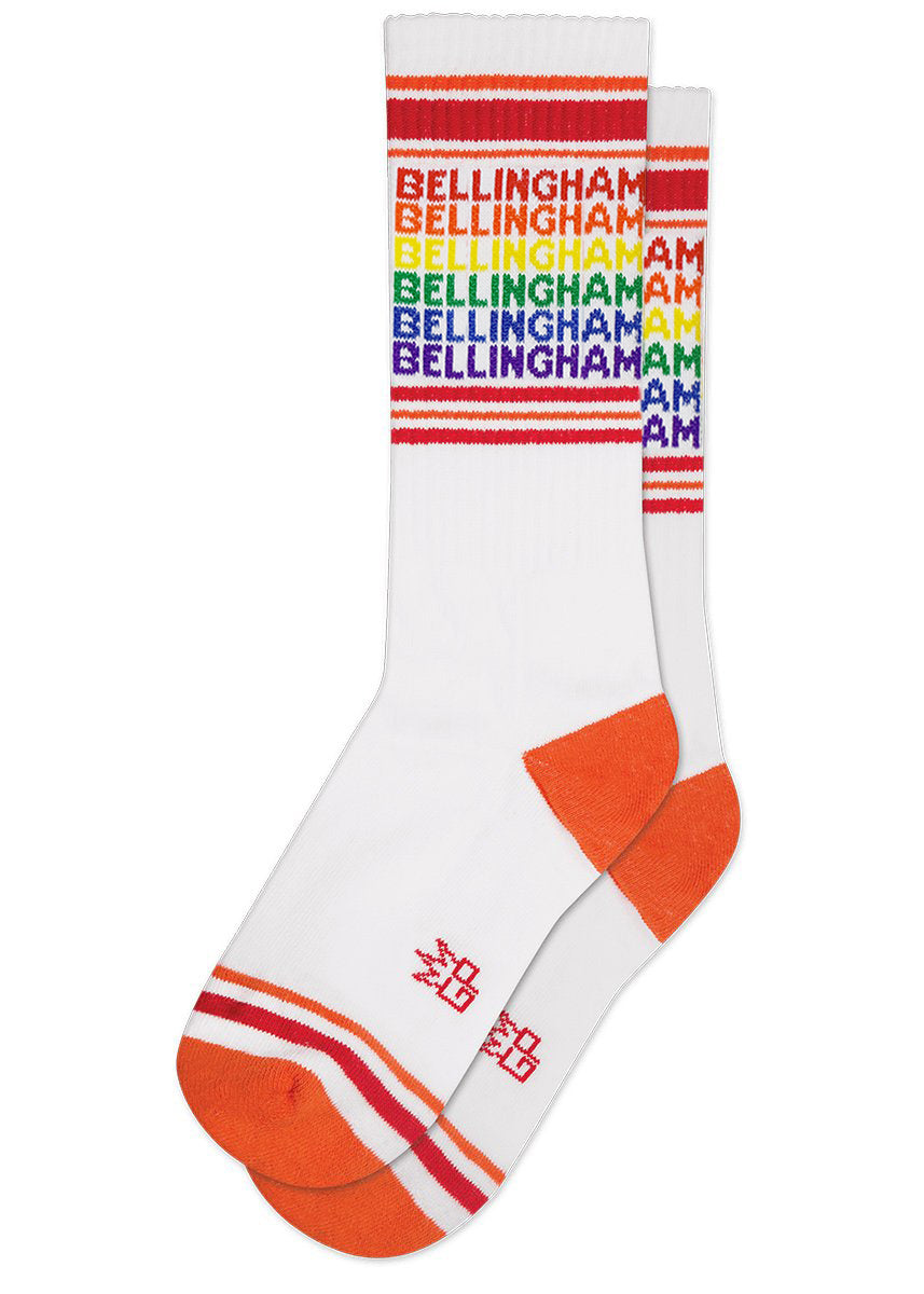 Retro sport socks are covered in the name of our home city, Bellingham, WA, repeated in rainbow order.