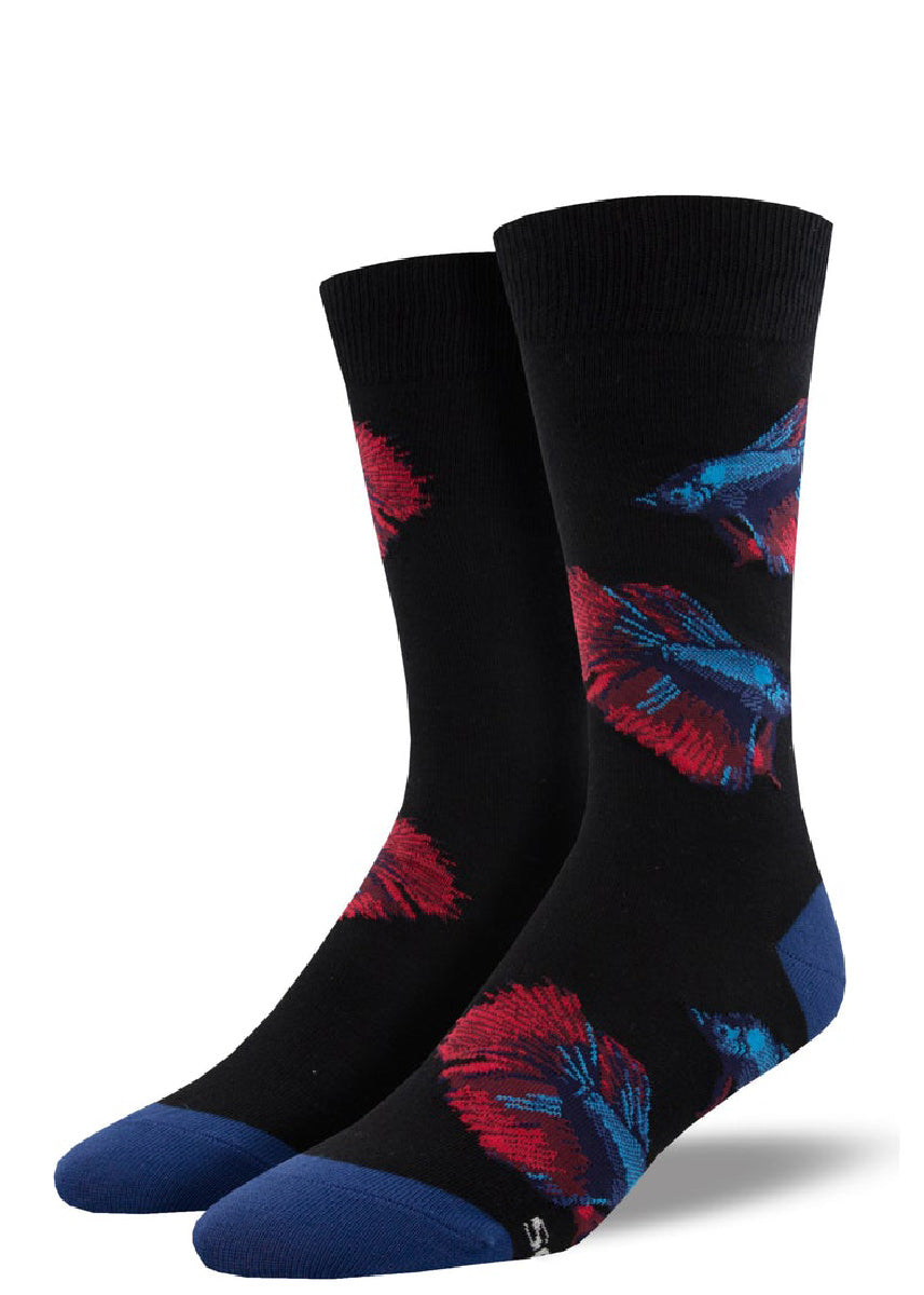 Novelty dress socks for men feature a design of betta fish in blue and red over a black background.