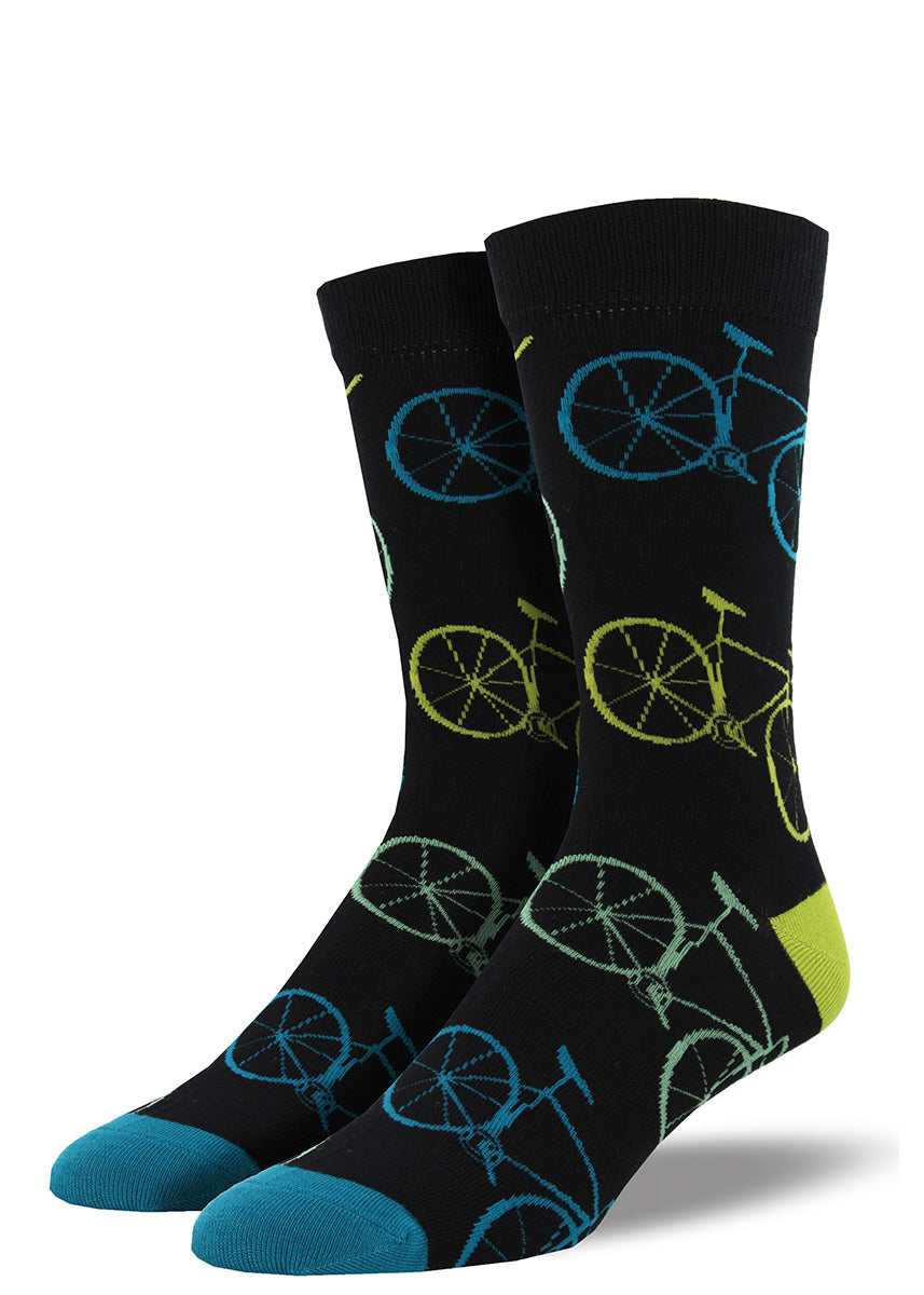 Bamboo bicycle socks for men with bikes on a black background