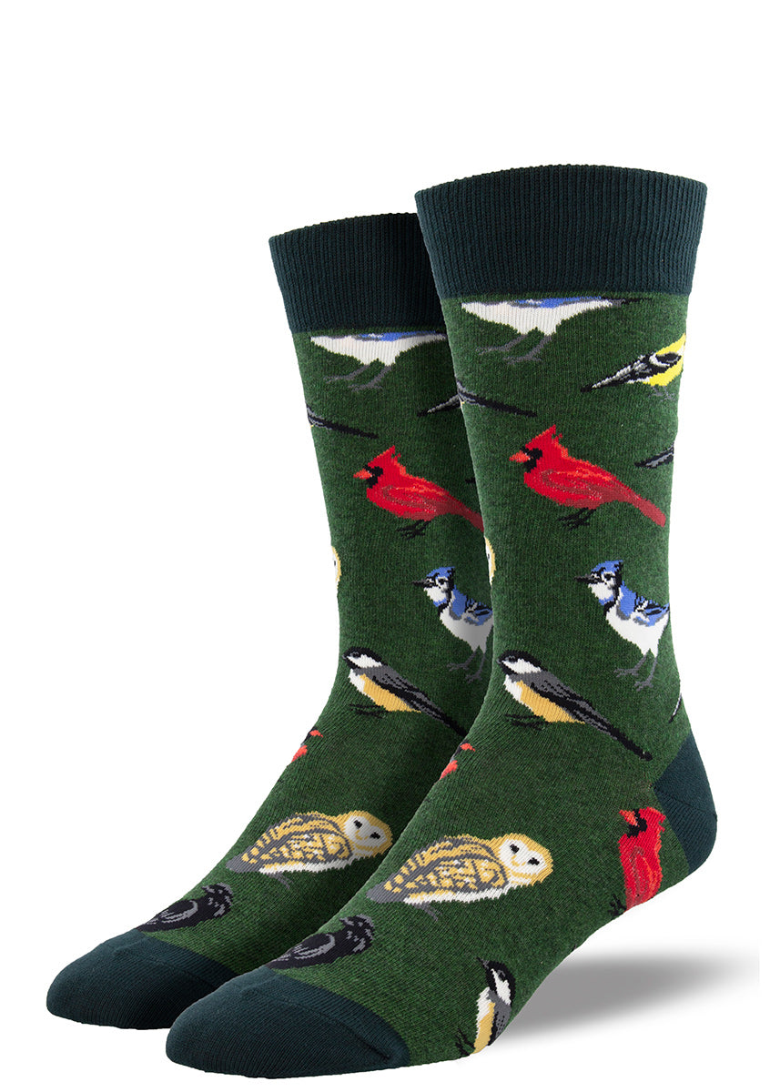 Birdwatcher socks for men feature a variety of birds including cardinals, bluejays, chickadees, barn owls, and more!