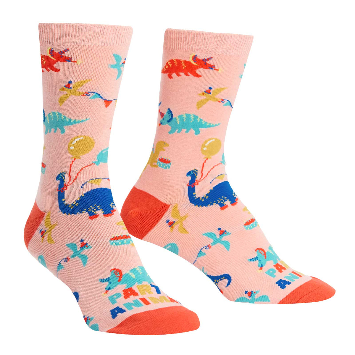 Cute dinosaurs celebrate on these women&#39;s birthday socks that say, &quot;Party On&quot;