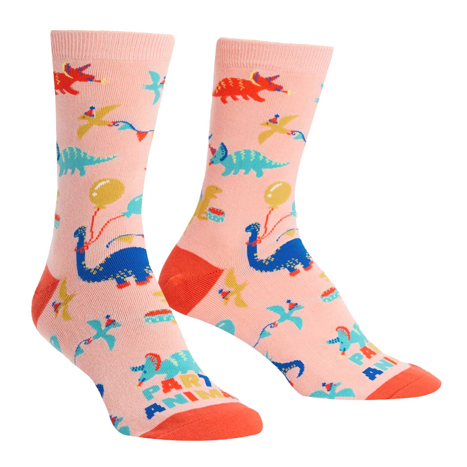 Cute dinosaurs celebrate on these women's birthday socks that say, "Party On"