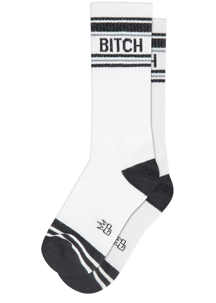 Funny socks say the word &quot;BITCH&quot; in an old-school athletic stripe.