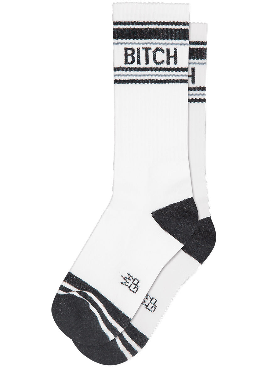 Funny socks say the word "BITCH" in an old-school athletic stripe.