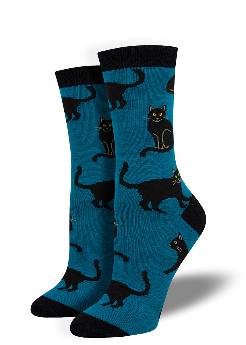 Blue bamboo socks with black cats for women with black cats with yellow eyes