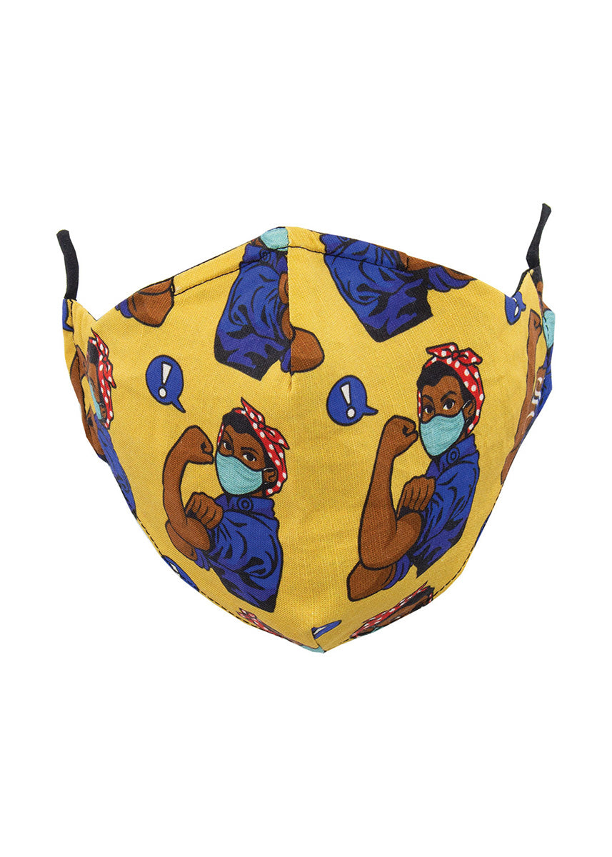 Reusable fabric face masks for adults feature Black Rosie the Riveter nurse wearing a medical mask on a yellow background.