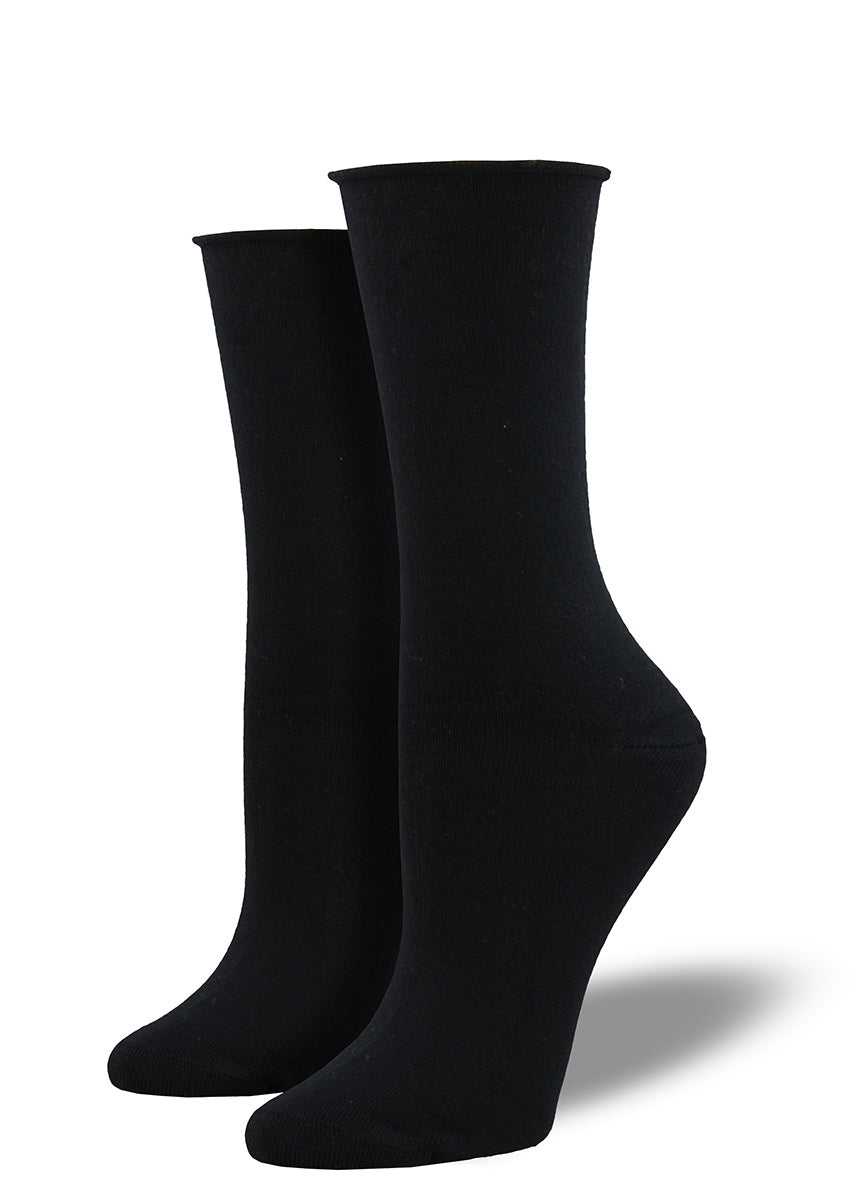 Solid black bamboo socks for women with a roll-top.