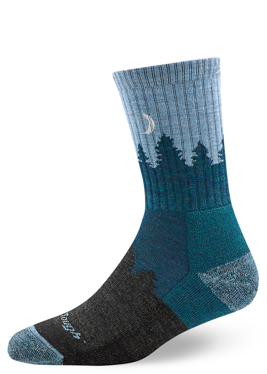 Wool socks with trees and crescent moon and cushioned sole
