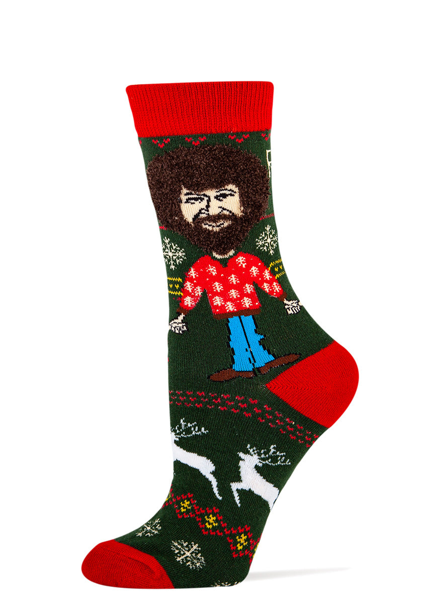 Funny Bob Ross Christmas socks for women with happy little trees and real fuzzy hair