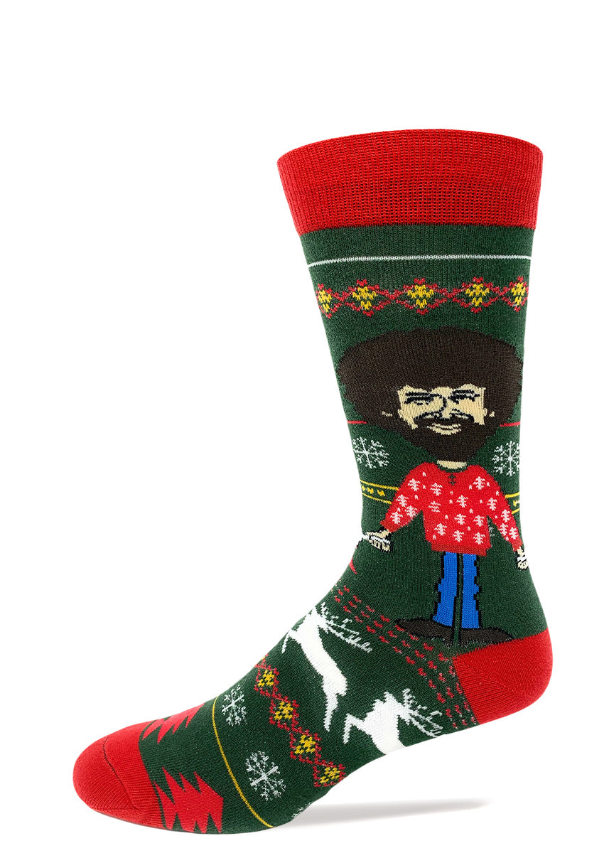Funny Bob Ross Christmas socks with ugly Christmas sweater pattern and happy Christmas trees 