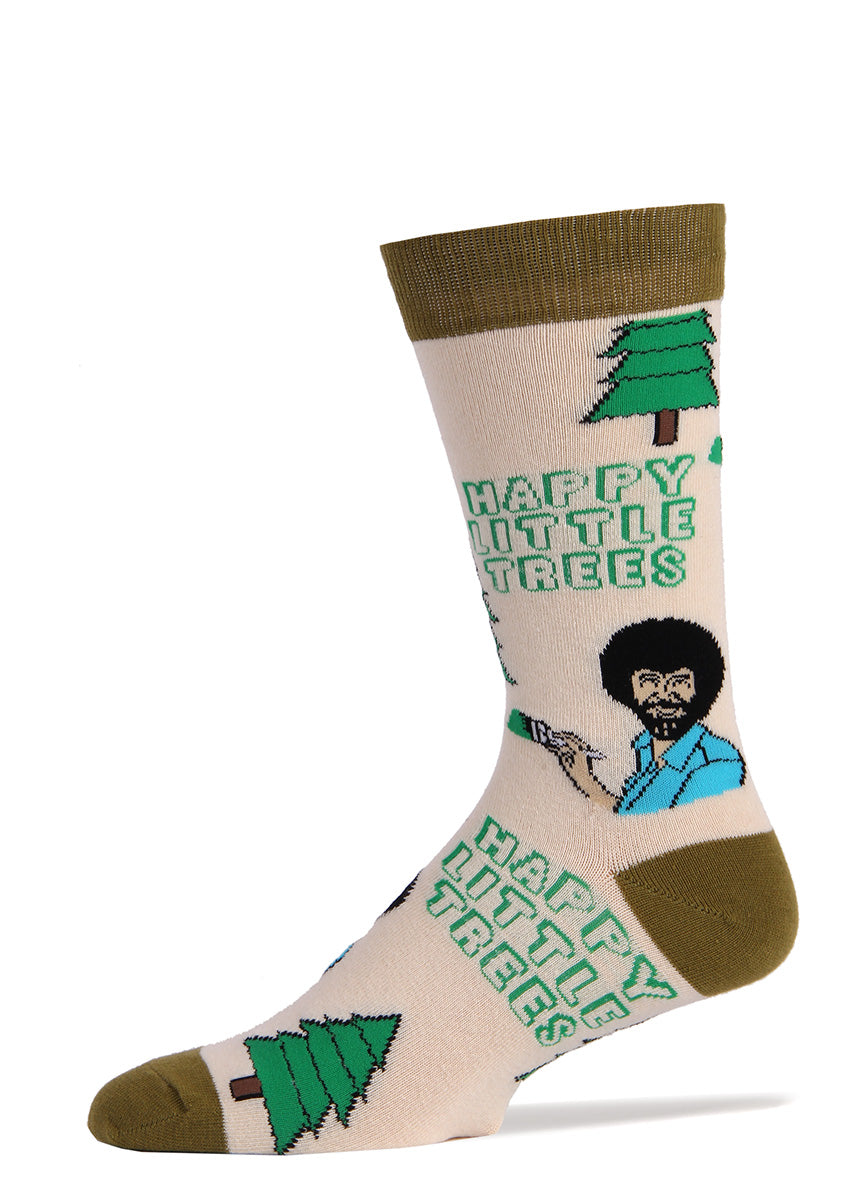 Bob Ross paints "Happy Little Trees" on these funny Bob Ross socks for men.