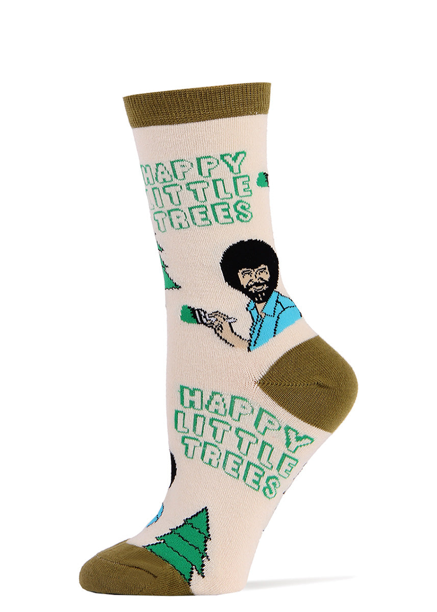 Bob Ross socks for women with Bob Ross painting &quot;Happy Little Trees&quot;