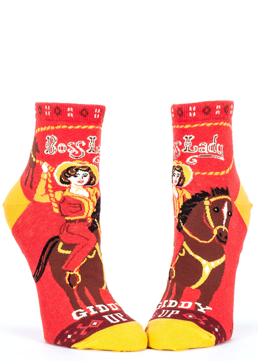 Ankle-length cowgirl socks for women that say "Boss Lady."