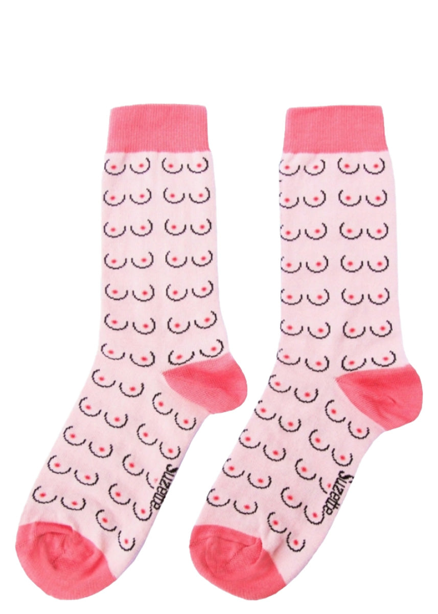 Cute boob socks feature breasts on a pale pink background.