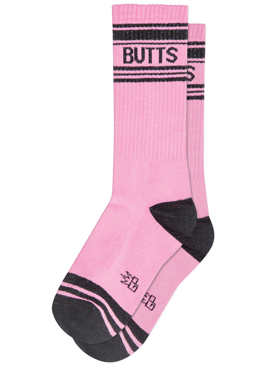 Funny socks with the word "BUTTS" on pink & black gym socks for men and women