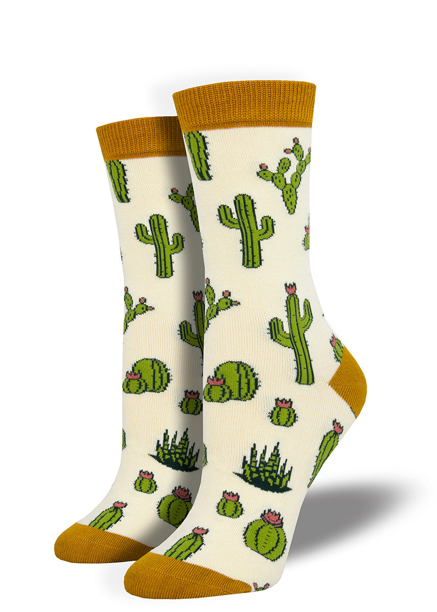 Cute cactus socks for women made from bamboo with blooming cacti on a ivory background with yellow accents