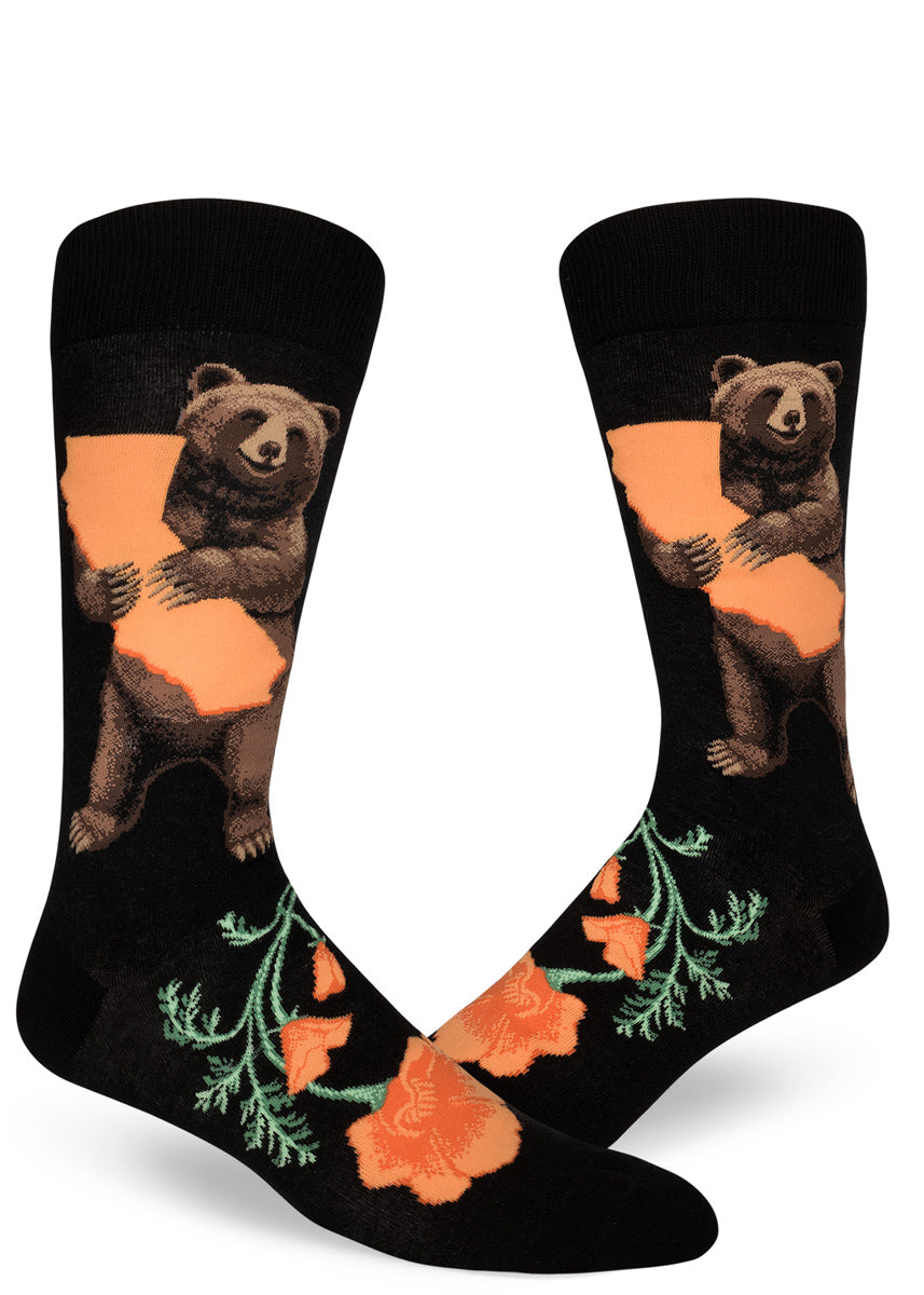 California bear socks for men with grizzly bears holding California state and orange poppies on a black background