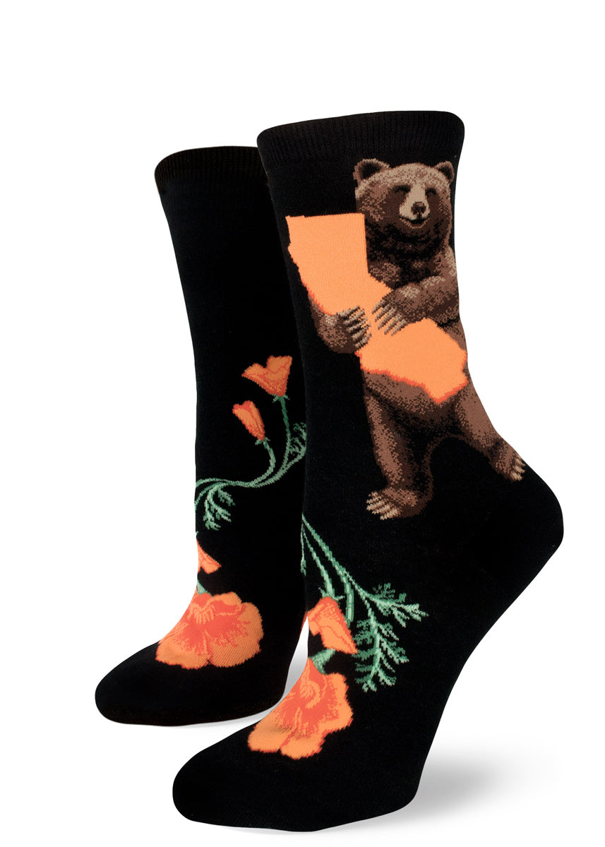 California socks for women with bears holding the state of California and orange California poppies on a black background