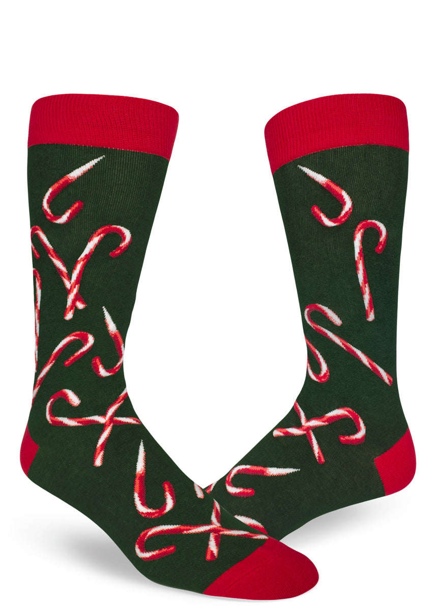 Sharp candy cane socks for men have sharpened candy cane shanks.