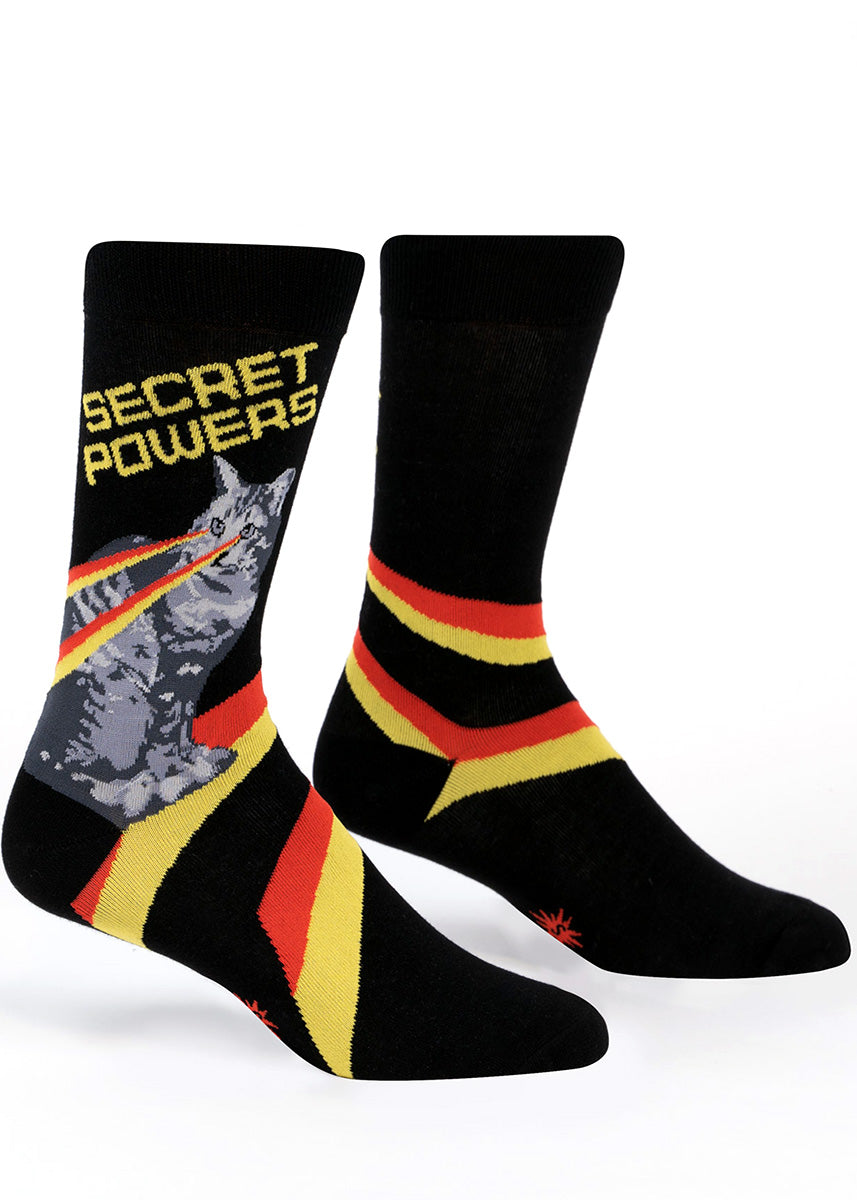 Funny socks for men feature cats with laser eyes and the words, "Secret Powers."