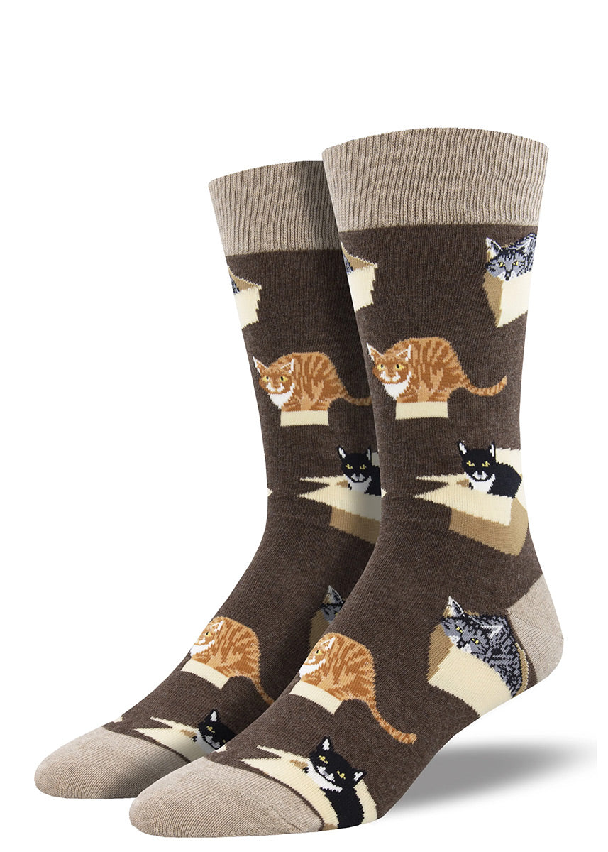 Brown crew socks for men show different types of cats resting and crouching on cardboard boxes.