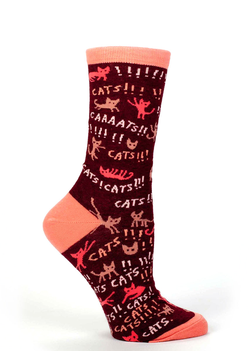 Cat socks for women with cats and the word CATS repeated all over the sock