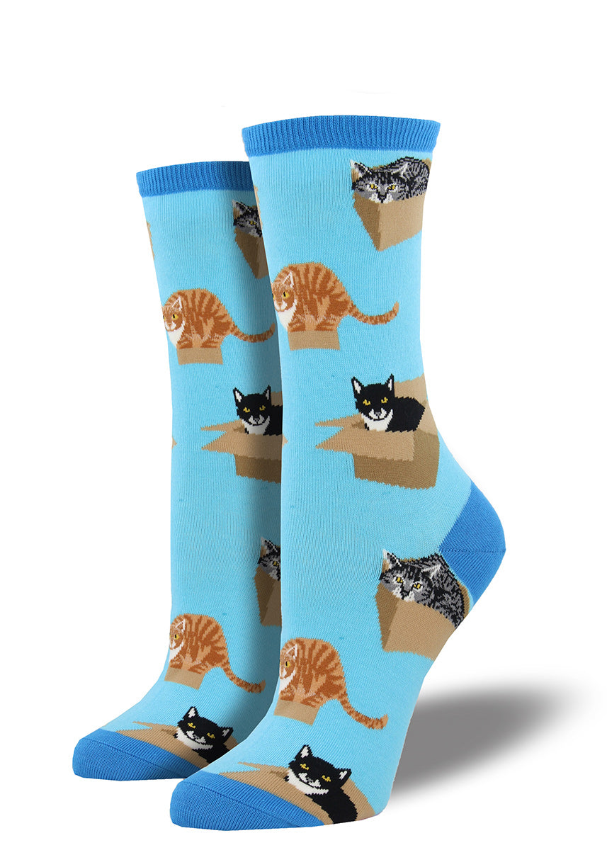 Cat in a box socks for women with cute cats in cardboard boxes