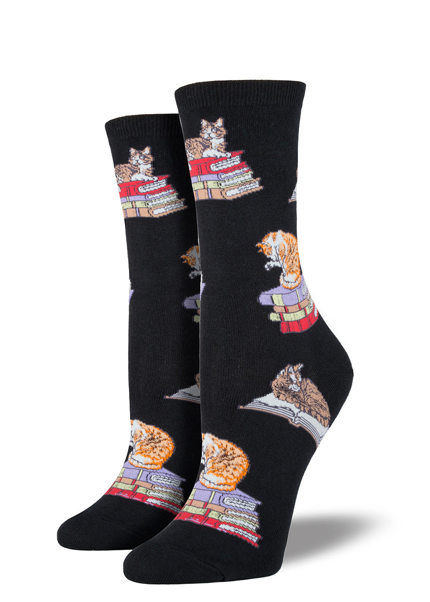 Cats on books socks for women with cute cats sitting and sleeping on piles of books