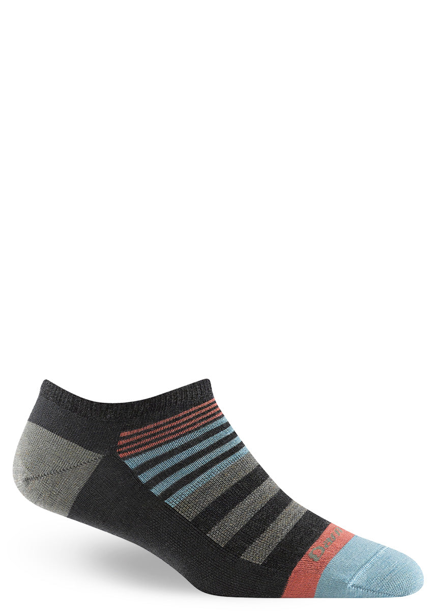 Low-cut wool ankle socks with charcoal, gray, bright blue and coral stripes.