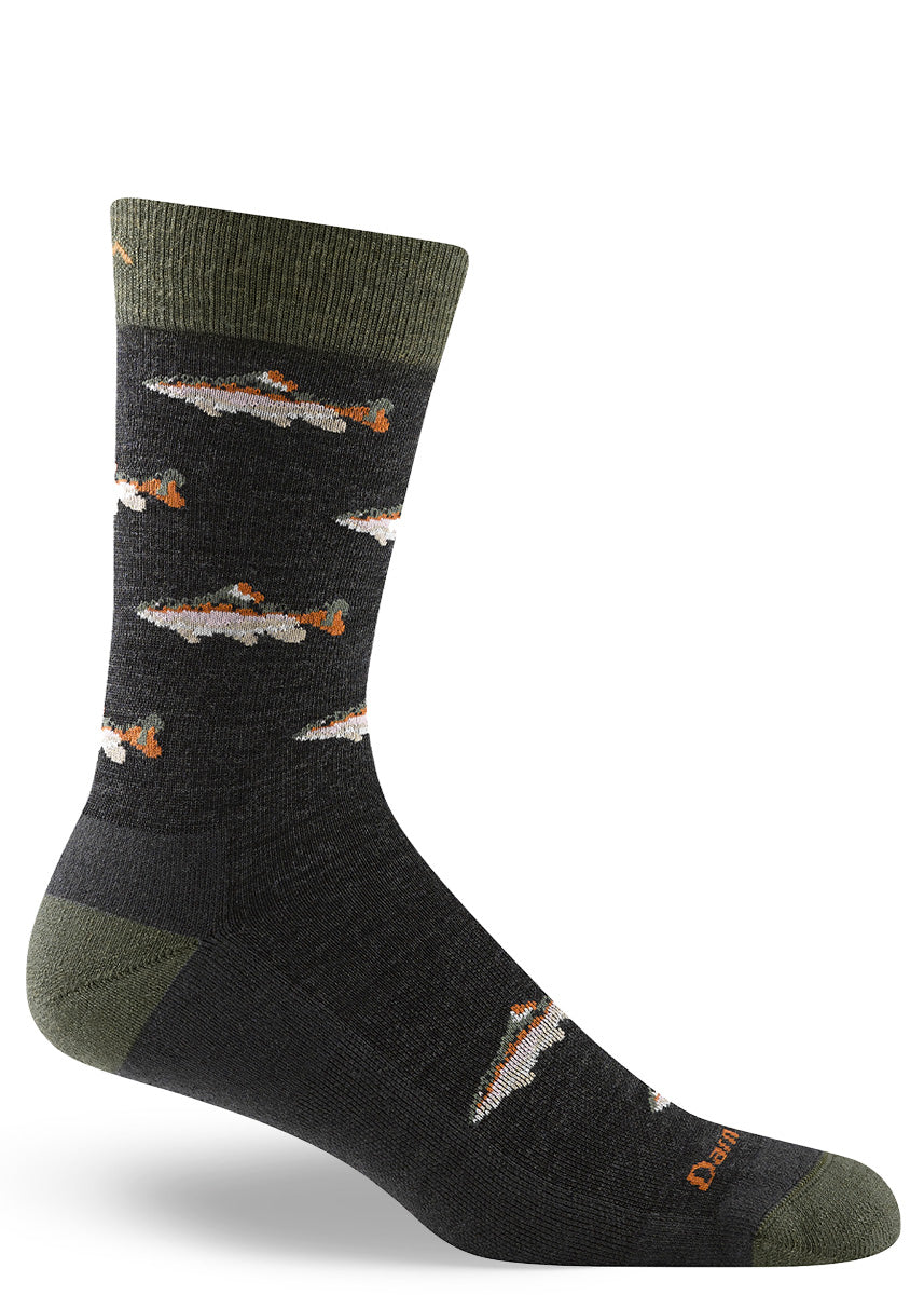Charcoal cushioned wool socks for men with a colorful fish design.