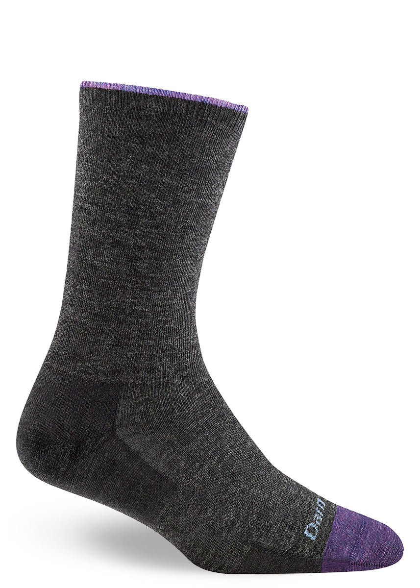 Solid charcoal wool socks for women with a dark purple toe and cuff. 