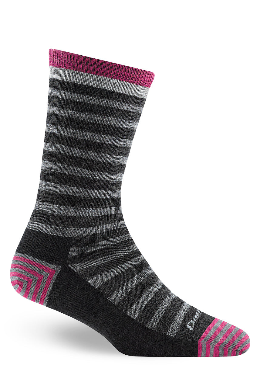 Wool socks for women feature a light gray and charcoal striped pattern with dark pink accents.