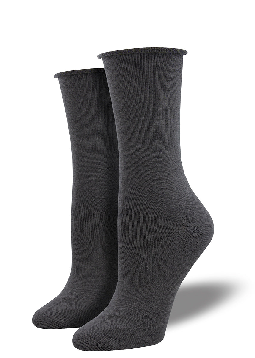 Solid black bamboo socks for women with a roll-top.