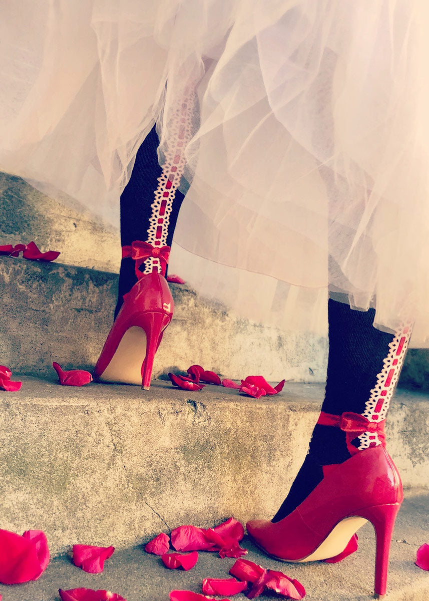 Cute cherry socks for women with red cherries, ribbons and lace on knee-high socks